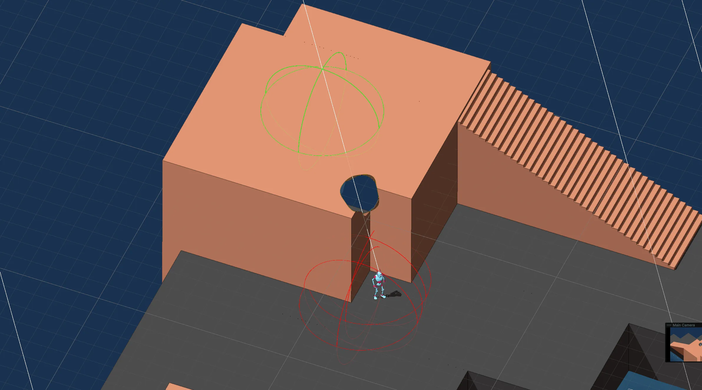 The sphere cast from the camera to the character: a green sphere marks a confirmed hit on the block in front of the character, which has a hole dissolved in it, and a red sphere at the character’s feet marks an ignored hit