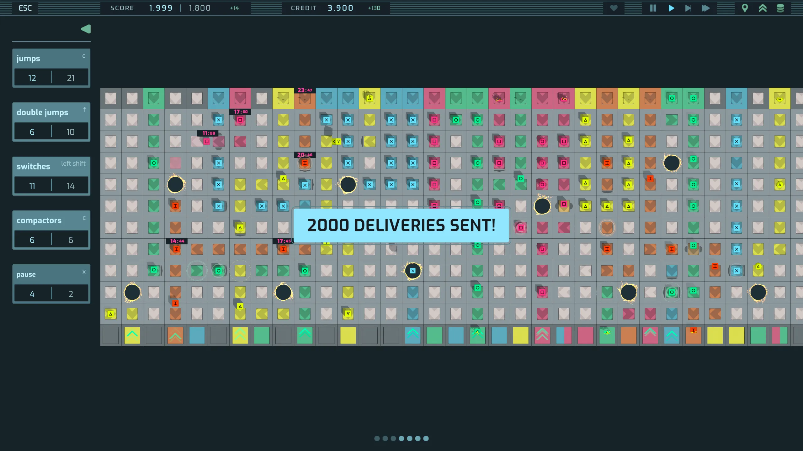 A huge level late in a run, with a "2000 deliveries sent!" banner across the grid