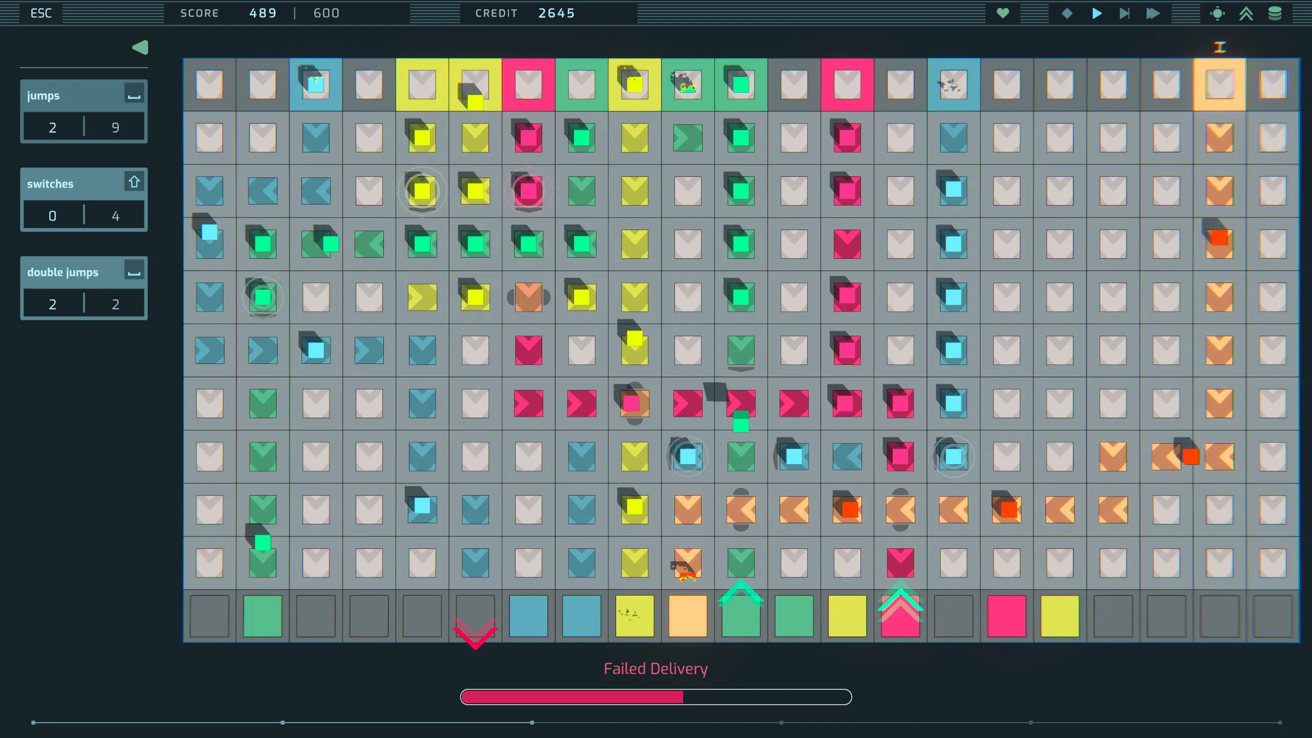 A large level full of deliveries in five colours, with the Failed Delivery bar filling up below the grid