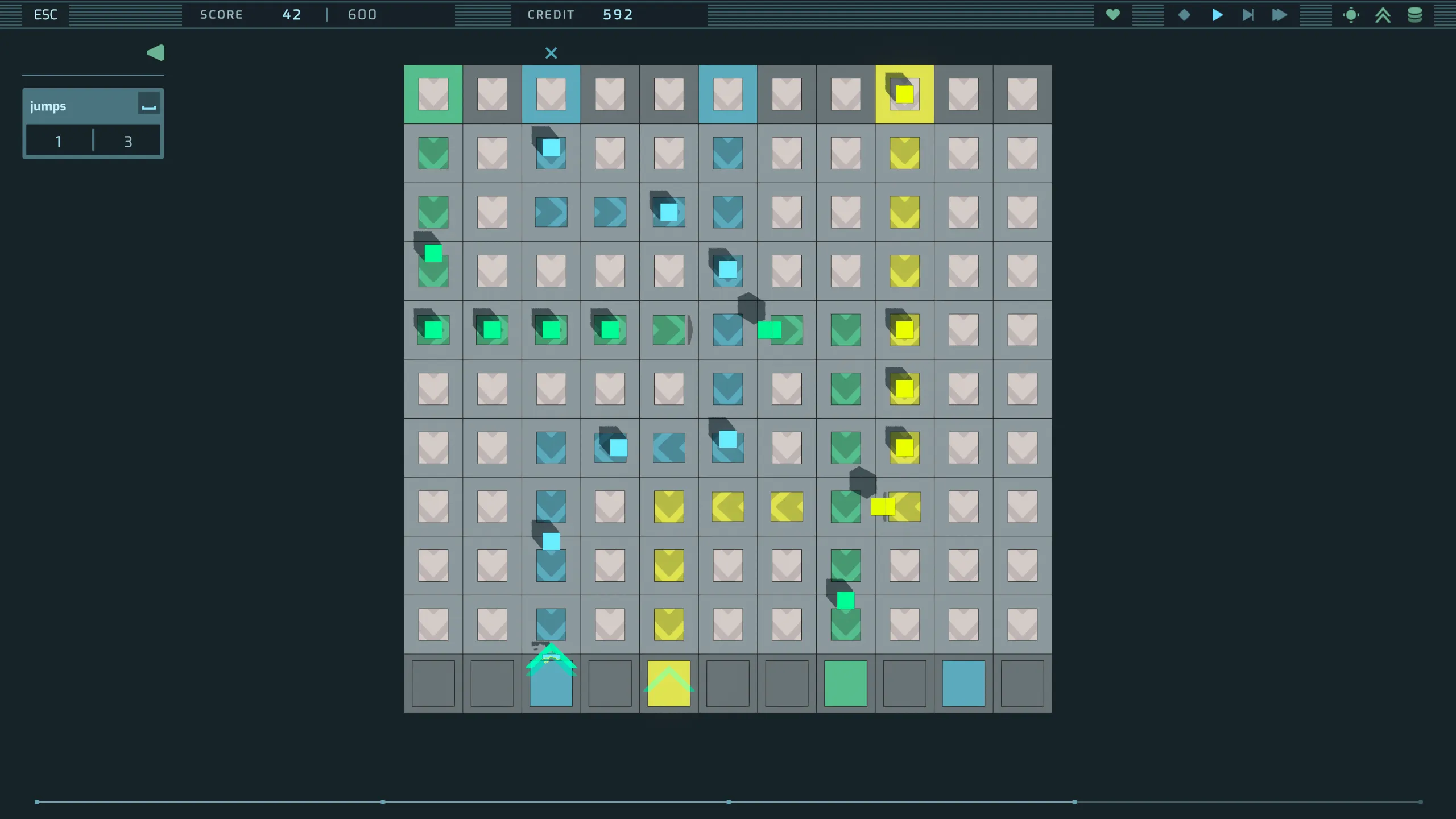 A level with green, blue and yellow deliveries flowing down to their destinations