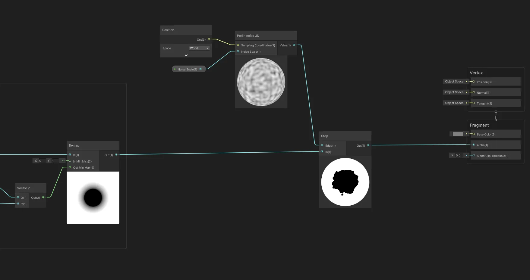 Shader Graph: the noise into a Step node’s Edge input and the remapped gradient into its In input, with the Step output driving Alpha